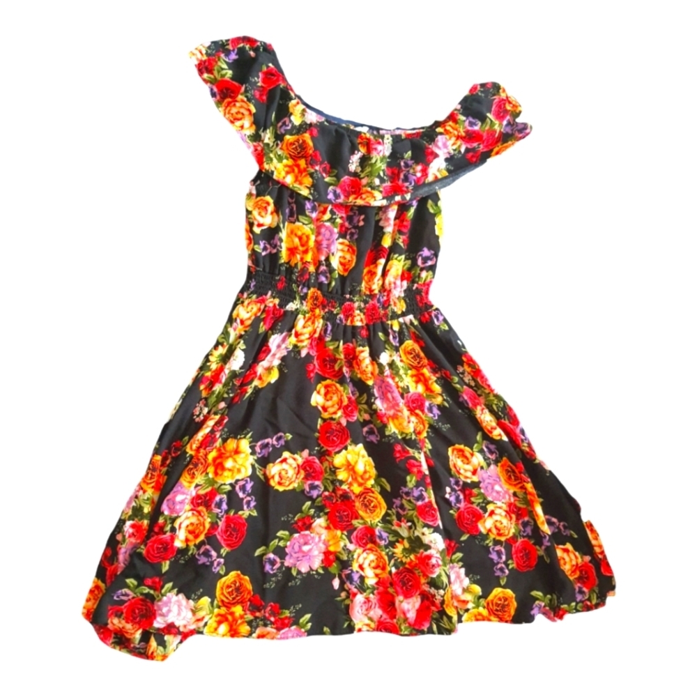 FLORAL knee length off-shoulder ruffle layer neckline dress